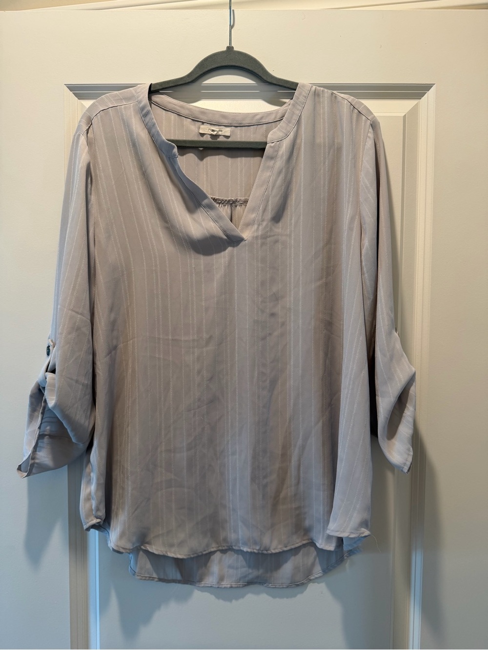 Maurices Light Gray Stripe V-Neck Roll Tab Sleeve Tunic